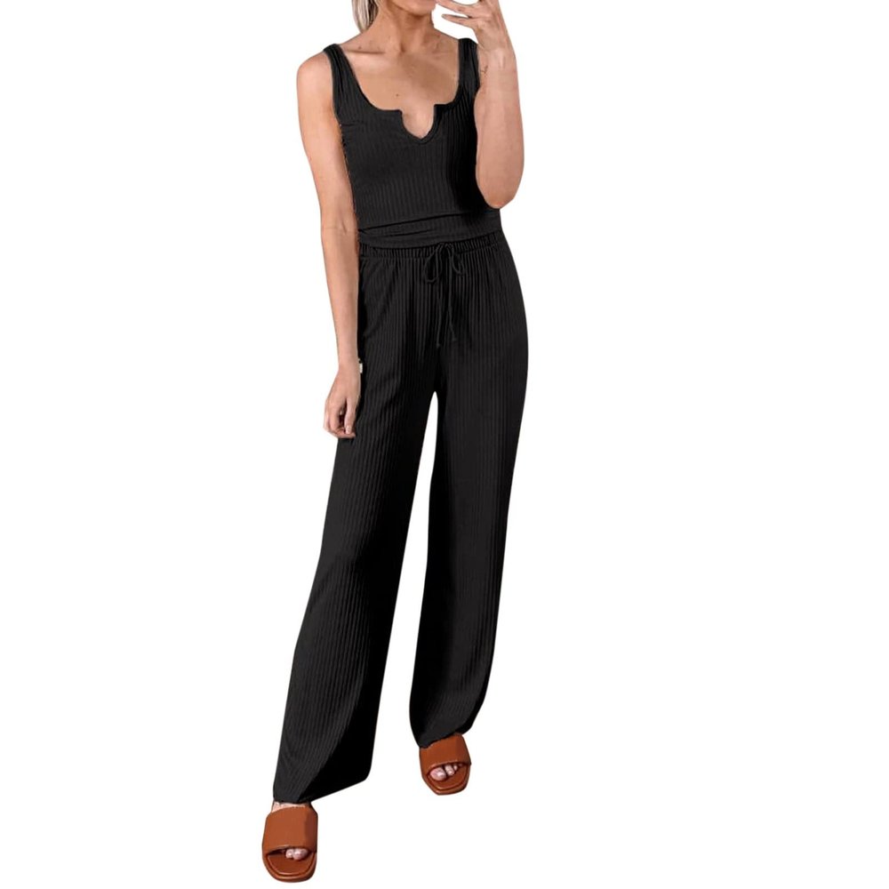 Women Summer Casual Set Two Piece Outfit Sweatsuit Tank Scoop Neck Ribbed Knit Sleeveless Pant Suits for Woman Black