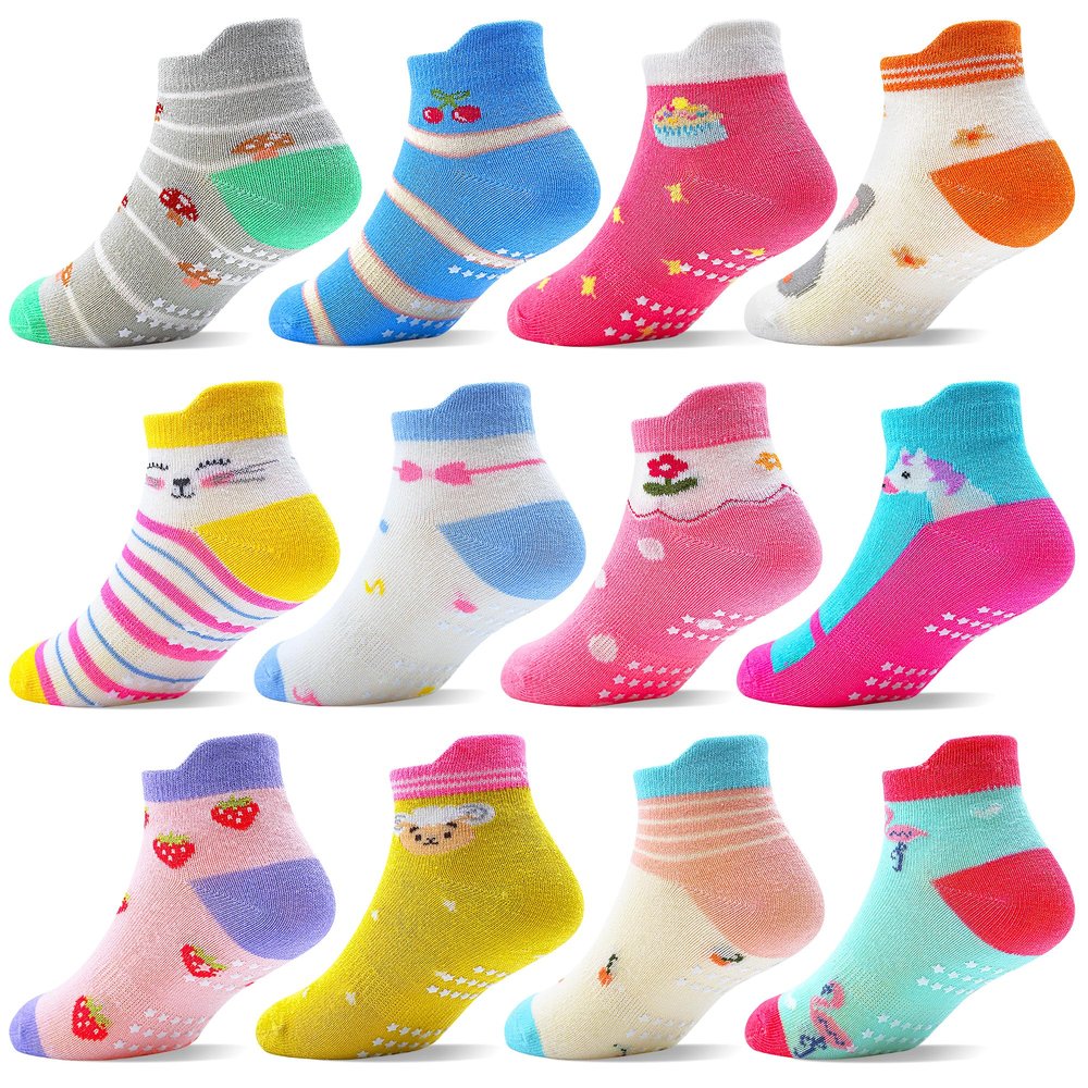 ELUTONG Toddler Socks with Grips Anti Slip Ankle Socks 12 Pairs for 1-7 Years Boys Girls Kids Infant Baby