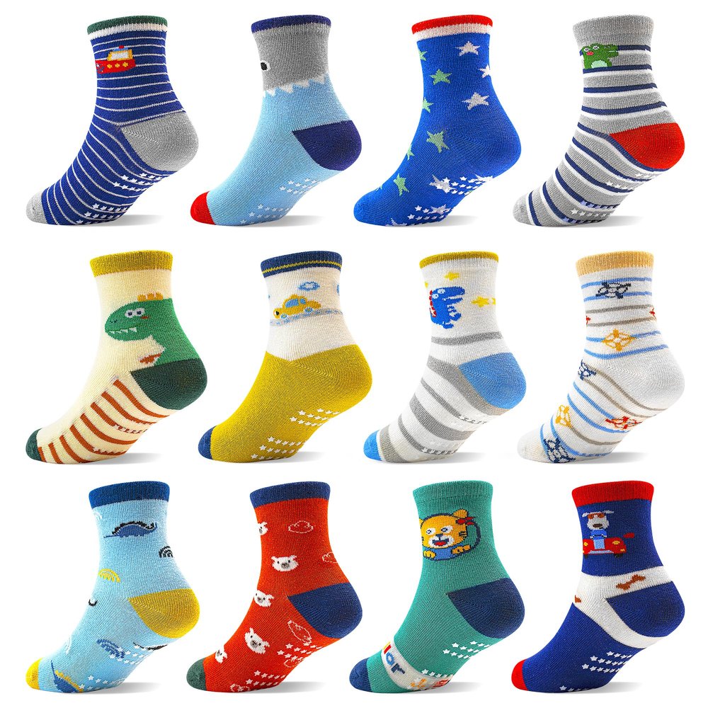ELUTONG Toddler Socks with Grips Anti Slip Ankle Socks 12 Pairs for 1-7 Years Boys Girls Kids Infant Baby