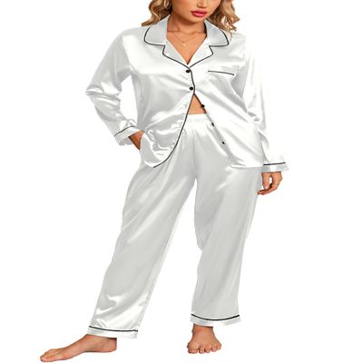 Anjue Silk Bridesmaid Pjs Women's Satin Pajama Set Two Piece Sleepwear Set Nightshirt with Lounge Pants(White,XL)