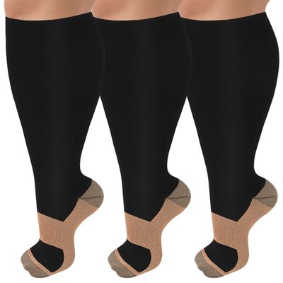 CTHH 3 Pack Wide Calf Copper Compression Socks for Women & Men, Plus Size Knee High Stockings for Circulation Support, Copper Black, 2XL