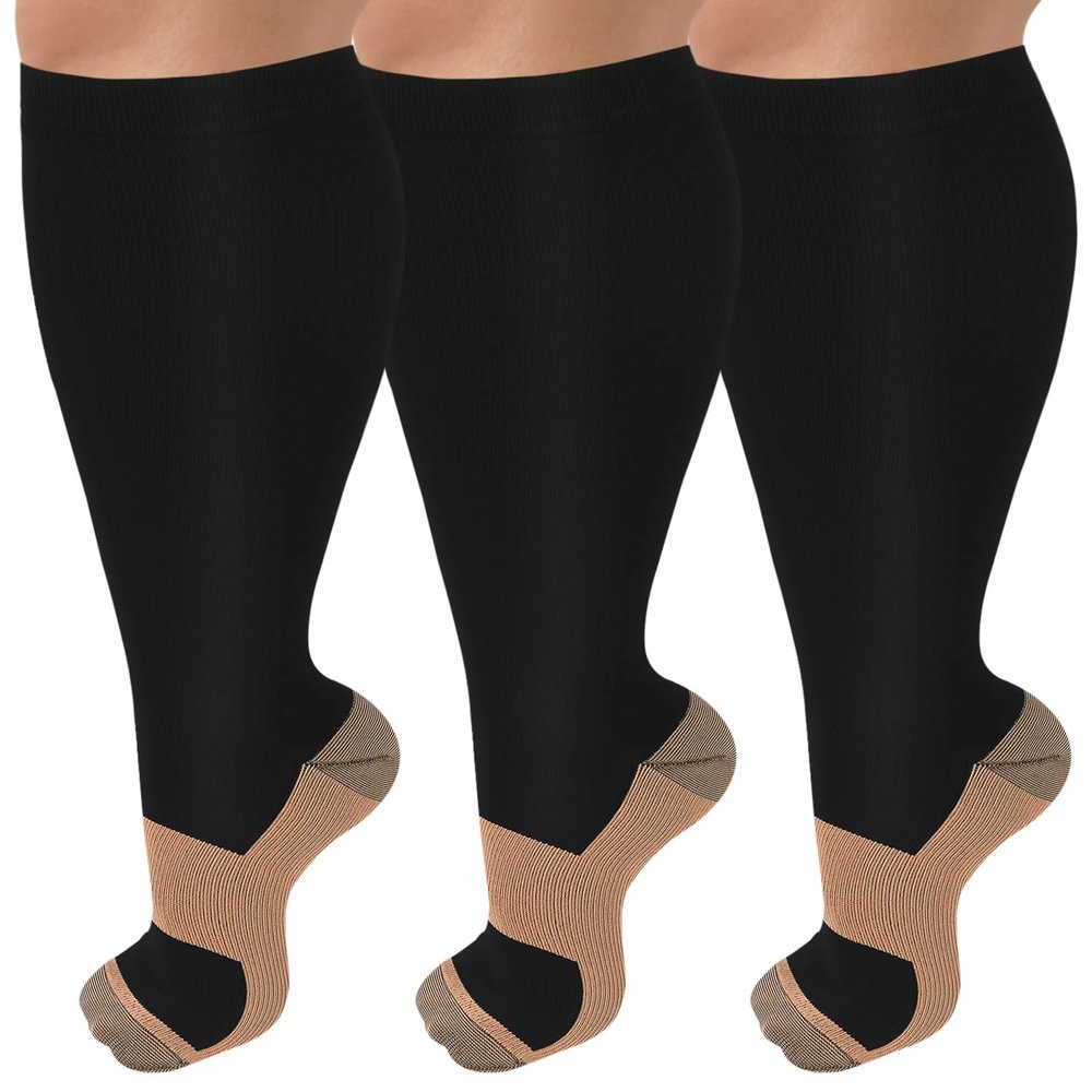 CTHH 3 Pack Wide Calf Copper Compression Socks for Women & Men, Plus Size Knee High Stockings for Circulation Support, Copper Black, 2XL