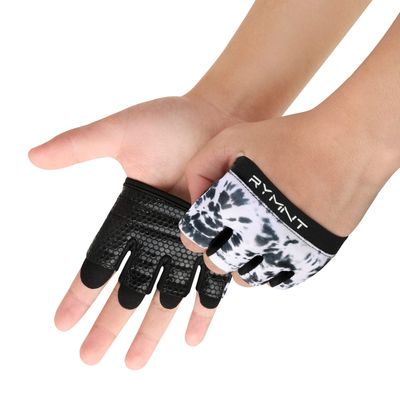 RYMNT Minimal Workout Gloves,Short Micro Weight Lifting Gloves Grip Pads with Full Palm Protection & Extra Grip for Men Women Weightlifting,Gym,Cross Training,Powerlifting,WODs.Tie Dye White.Medium