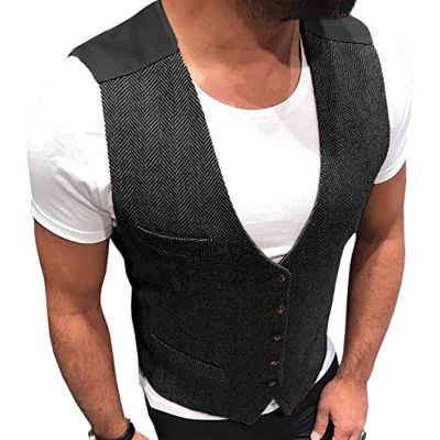 Mens Casual V Neck Herringbone Dress Vest Groomsmen Formal Suit Waistcoat with 3 Pockets for Jacket Tuxedo (Color : Black, Size : X-Large)