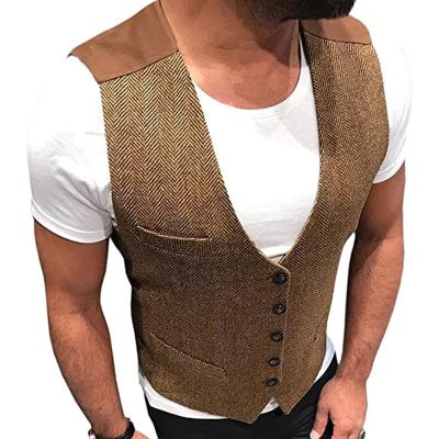 Mens Casual V Neck Herringbone Dress Vest Groomsmen Formal Suit Waistcoat with 3 Pockets for Jacket Tuxedo (Color : Brown, Size : Medium)