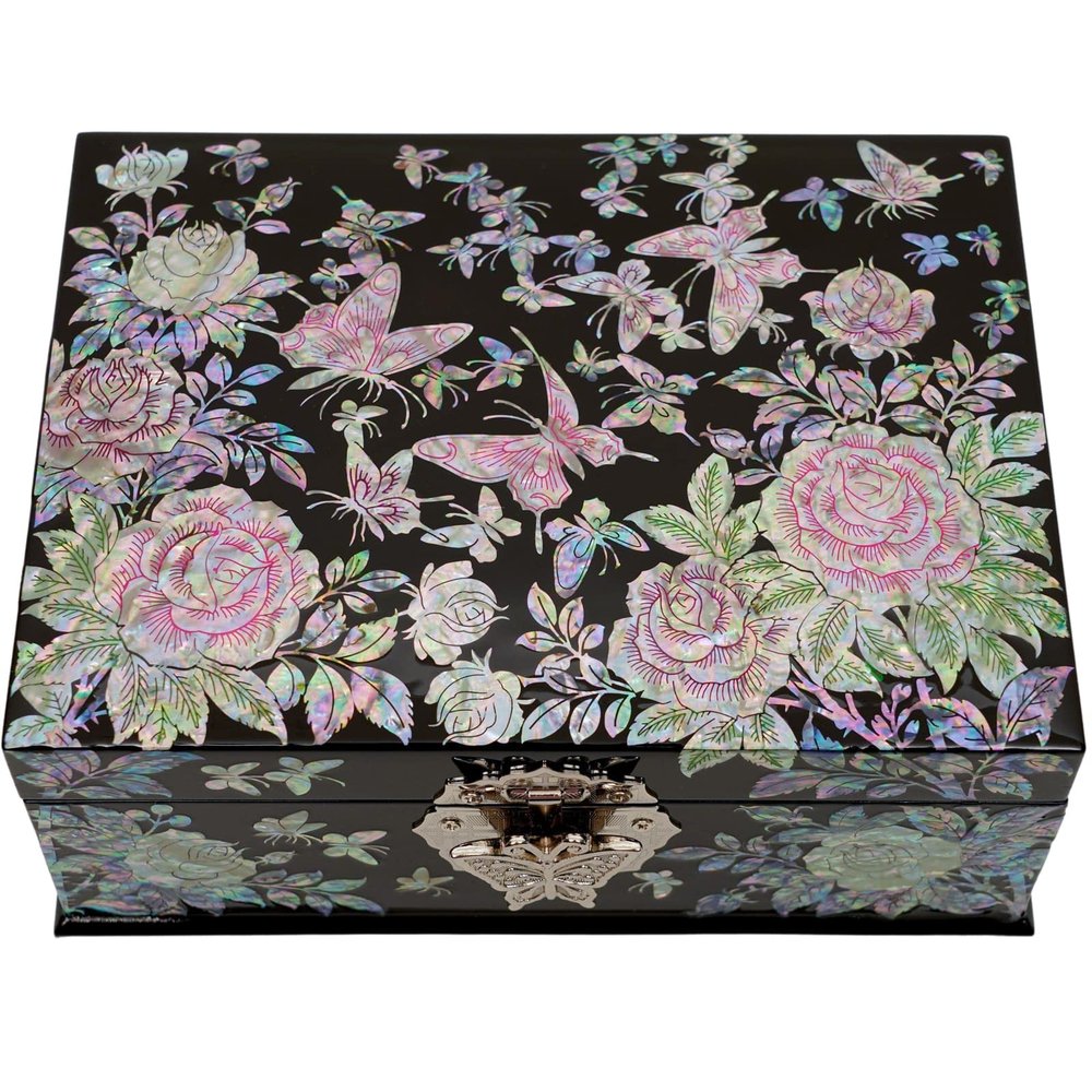 February Mountain Mother of Pearl Jewelry Box Two Layer Jewelry Organizer for Earring, Ring, Necklace, Bracelets, Watch Gifts for Her (Pink Butterfly)