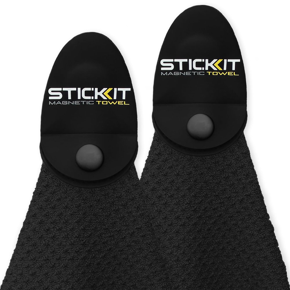 STICKIT Magnetic Towel, Black | 2-Pack | Top-Tier Microfiber Golf Towel with Deep Waffle Pockets | Industrial Strength Magnet for Strong Hold to Golf Carts or Clubs