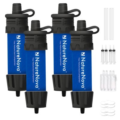 Mini Water Filter NatureNova Portable Emergency Water Filtration System Hiking Camping Straw Survival Gear Emergency PreparednessBlue, 4 Pack
