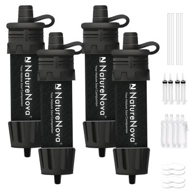 Mini Water Filter NatureNova Portable Emergency Water Filtration System Hiking Camping Straw Survival Gear Emergency PreparednessBlack, 4 Pack