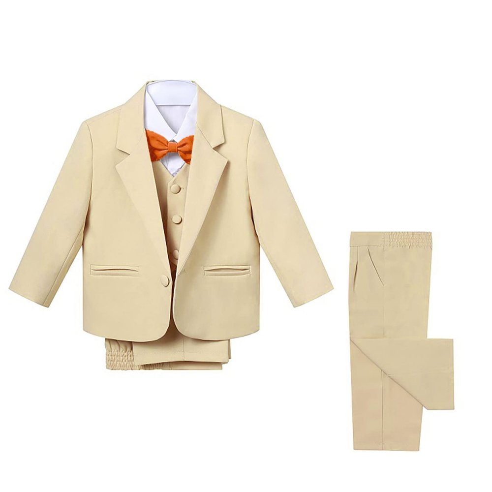 YOOJIA 5Pcs Baby Kids Boys Tuxedo Set Wedding Suits Formal Clothes Outfits Blazer Suit Page Boy Baptism Outfits Khaki 1-2 Years