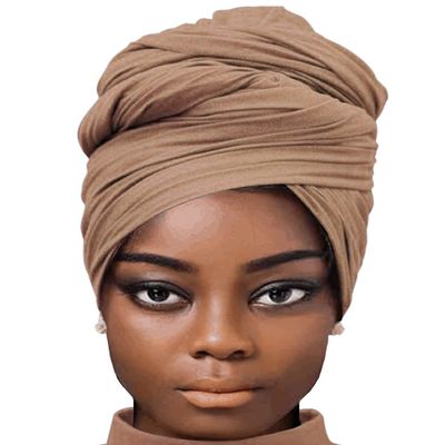 Solid Color Stretch Knit Head Wrap Extra Long African Head Scarf Breathable Turbans for Black Women (Camel)