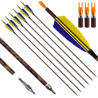 28 29 30 31" Archery Wood Grain Carbon Arrows 6 Pack 500 Spine with 4" Real Feather and Detachable Tip for Hunting Practice Shooting Targets (29Inch)