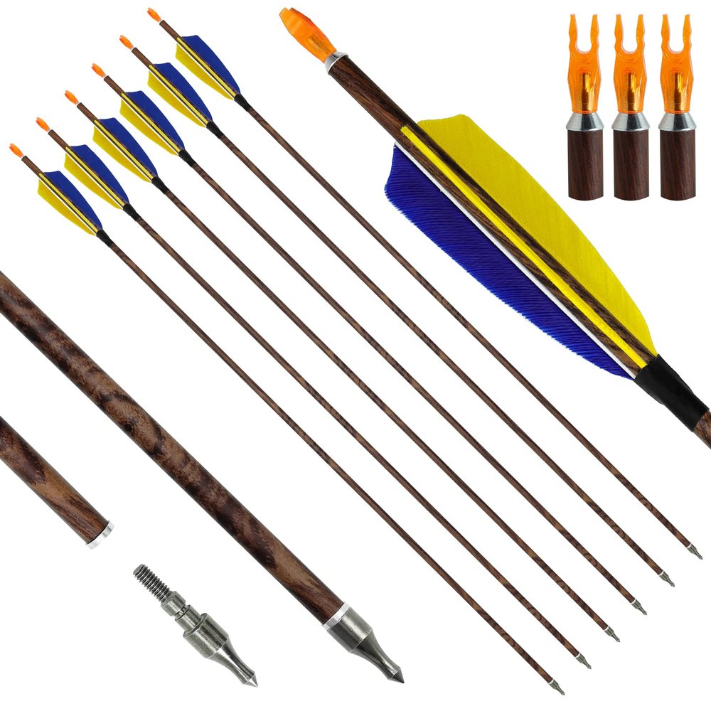 28 29 30 31" Archery Wood Grain Carbon Arrows 6 Pack 500 Spine with 4" Real Feather and Detachable Tip for Hunting Practice Shooting Targets (29Inch)