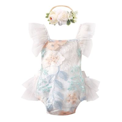 AWIBMK Newborn Baby 1st Birthday Girl Outfit Cake Smash Romper Dress Infant Lace Boho Rainbow First Dresses Mini Tutu Skirt Headband One Year Old Photoshoot White Embroidery Floral 3-6 Months