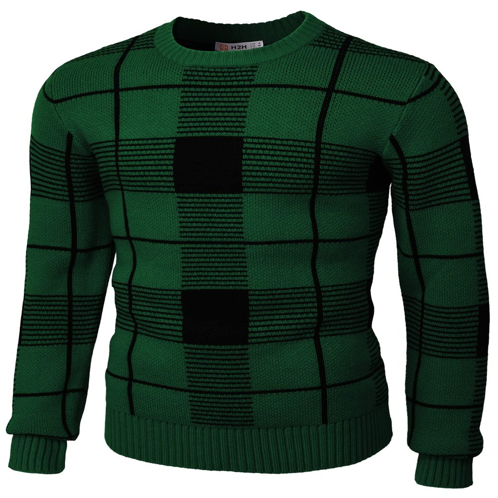 H2H Mens Casual Slim Fit Pullover Knit Sweaters Crew Neck Long Sleeve Plaid Check Patterned Green US S/Asia M (CMOSWL086)