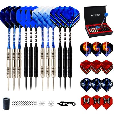 WELLFORM Darts Metal Tip Set,12 Pack 26 Grams Steel Tip Darts Set-Professional Metal Darts for Dartboard, with Non-Slip Iron Barrel, Aluminum Shafts, Extra Flights, Dart Sharpener & Wrench, Gift Box