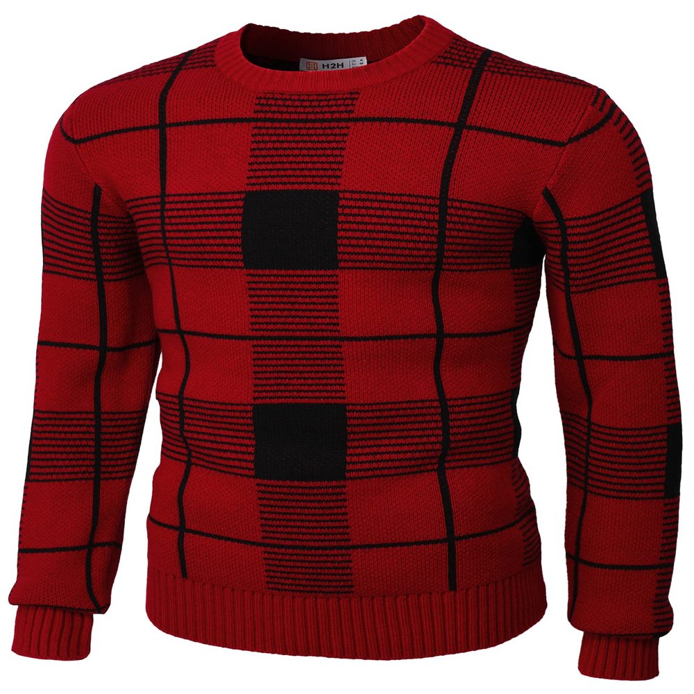 H2H Mens Casual Slim Fit Pullover Knit Sweaters Crew Neck Long Sleeve Plaid Check Patterned RED US L/Asia XL (CMOSWL086)