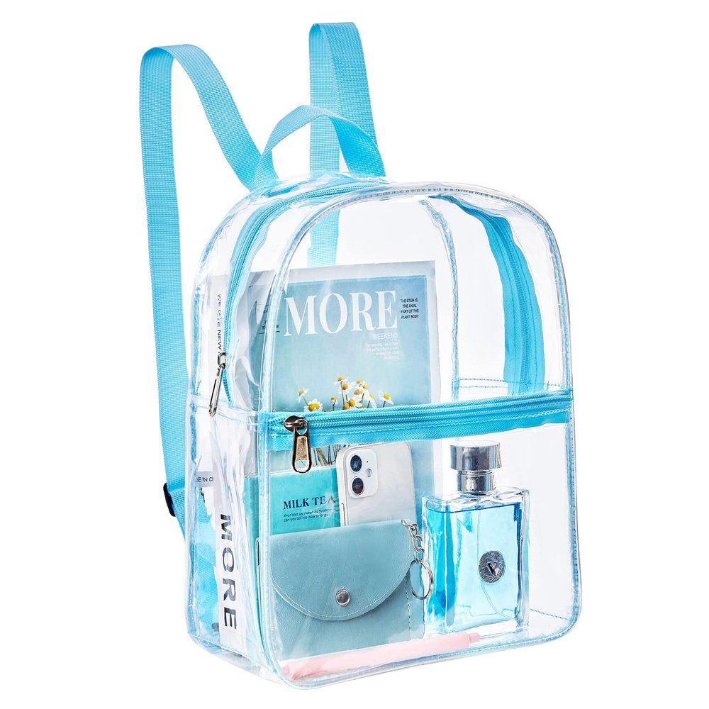 Clearworld Stadium Approved Clear Mini Backpack, Heavy Duty Cold-Resistant Transparent PVC Backpack with Work, Security Travel & Stadium(Baby blue)