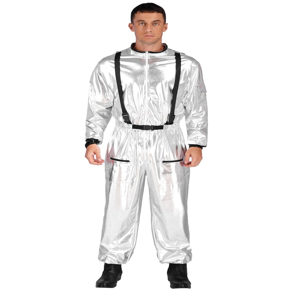 dPois Men's Long Sleeve Bodysuit Jumpsuits Astronaut Suit Halloween Cosplay Party Outfits Silver XX-Large