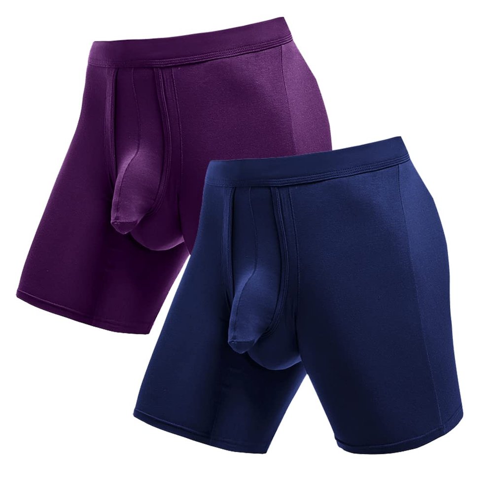 Ouruikia Men's Underwear Boxer Briefs Anti-Chafing Long Leg MensTagless Separate Pouch Large Navy/Purple