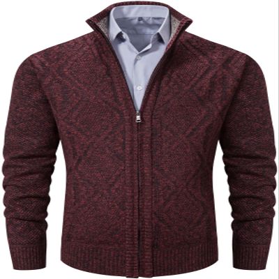 VtuAOL Men's Slim Zip Up Sweater Thick Knitted Casual Cardigan Sweaters with Pockets Wine Red US S