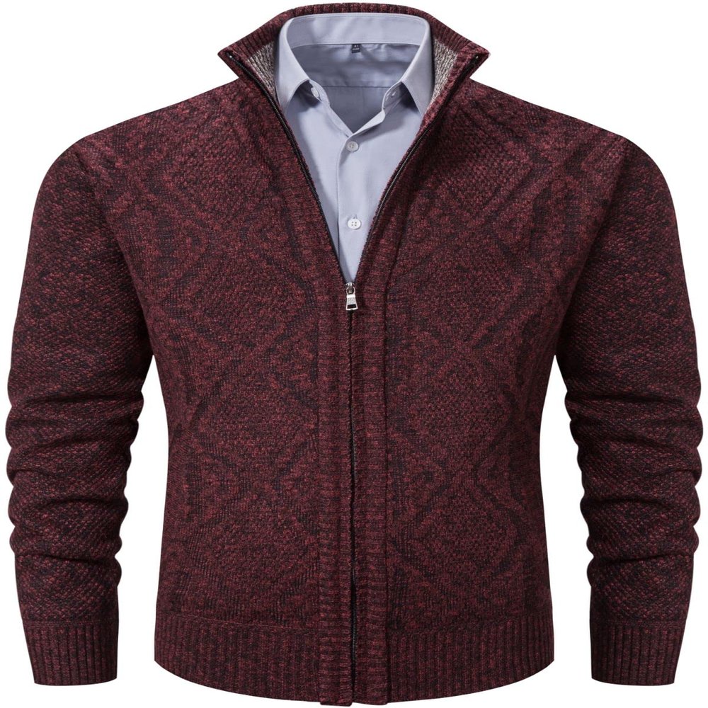 VtuAOL Men's Slim Zip Up Sweater Thick Knitted Casual Cardigan Sweaters with Pockets Wine Red US S