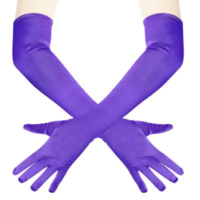 Wobe Long Opera Party 20s Satin Gloves Stretchy Adult Size Elbow Length Wedding (Purple)