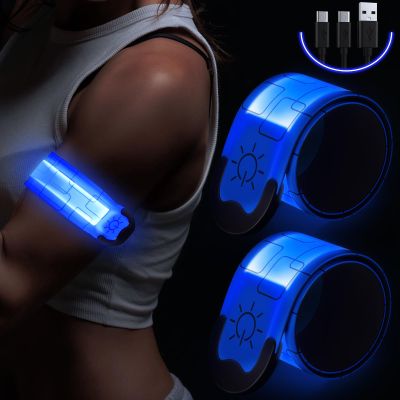 Simket Reflective LED Armband Rechargeable for Running(2 Pack), Running Lights for Runners, Running Lights, High Visibility Reflective Running Gear Adjustable Light Up Arm Bands for Men Women Kids