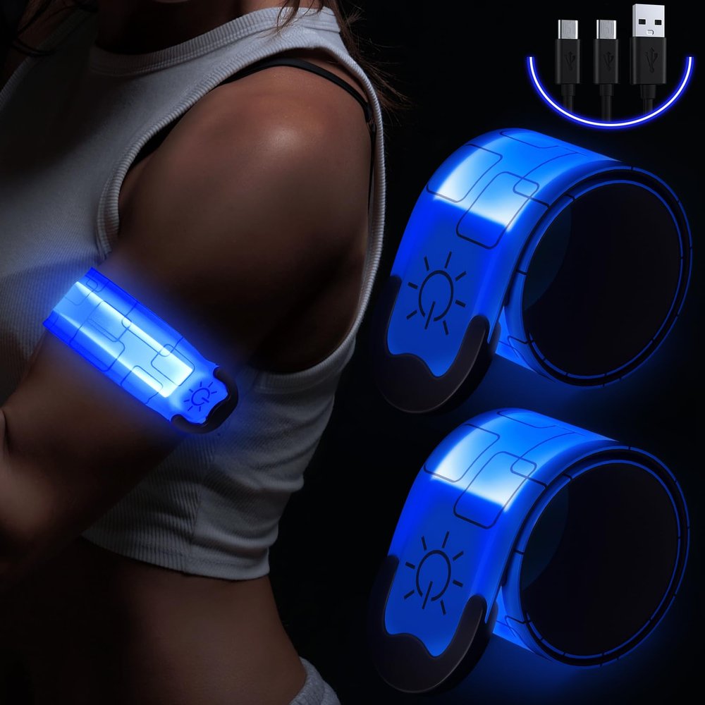 Simket Reflective LED Armband Rechargeable for Running(2 Pack), Running Lights for Runners, Running Lights, High Visibility Reflective Running Gear Adjustable Light Up Arm Bands for Men Women Kids