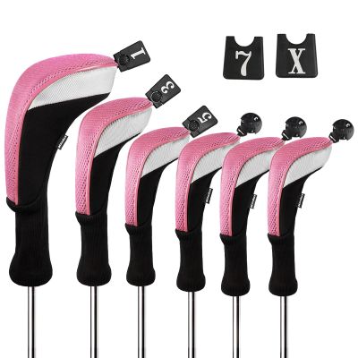Andux 6pcs/Set Golf Club Head Covers Woods Drivers Fairway Hybrid Set Long Neck (3 Hybrid + 3 Woods) (Black/Pink)