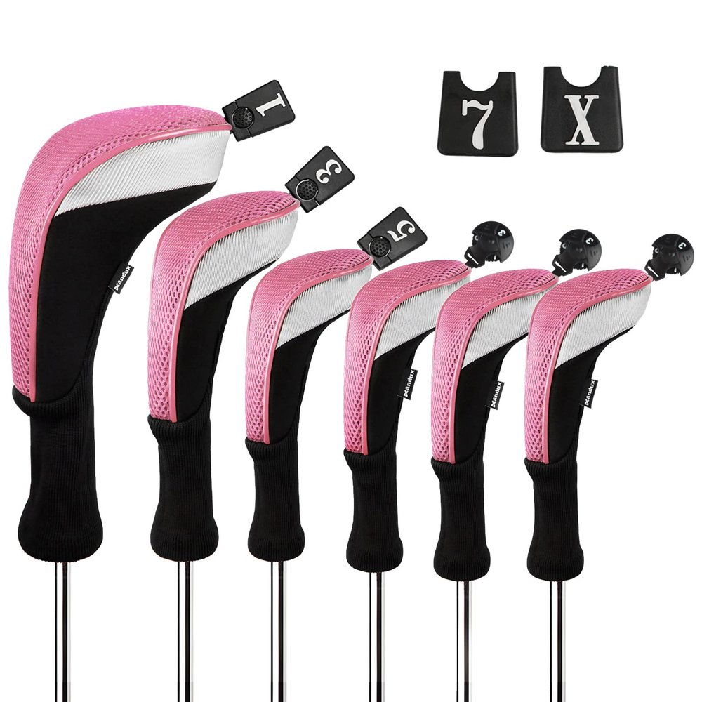 Andux 6pcs/Set Golf Club Head Covers Woods Drivers Fairway Hybrid Set Long Neck (3 Hybrid + 3 Woods) (Black/Pink)