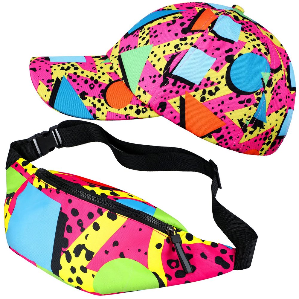 Sotiff 2 Pcs Retro 80s 90s Outfits for Women Men 80s Fanny Pack and Hat 90s Costumes Adjustable Waist Bag Bucket Hats for Themed Party(Bright Style)