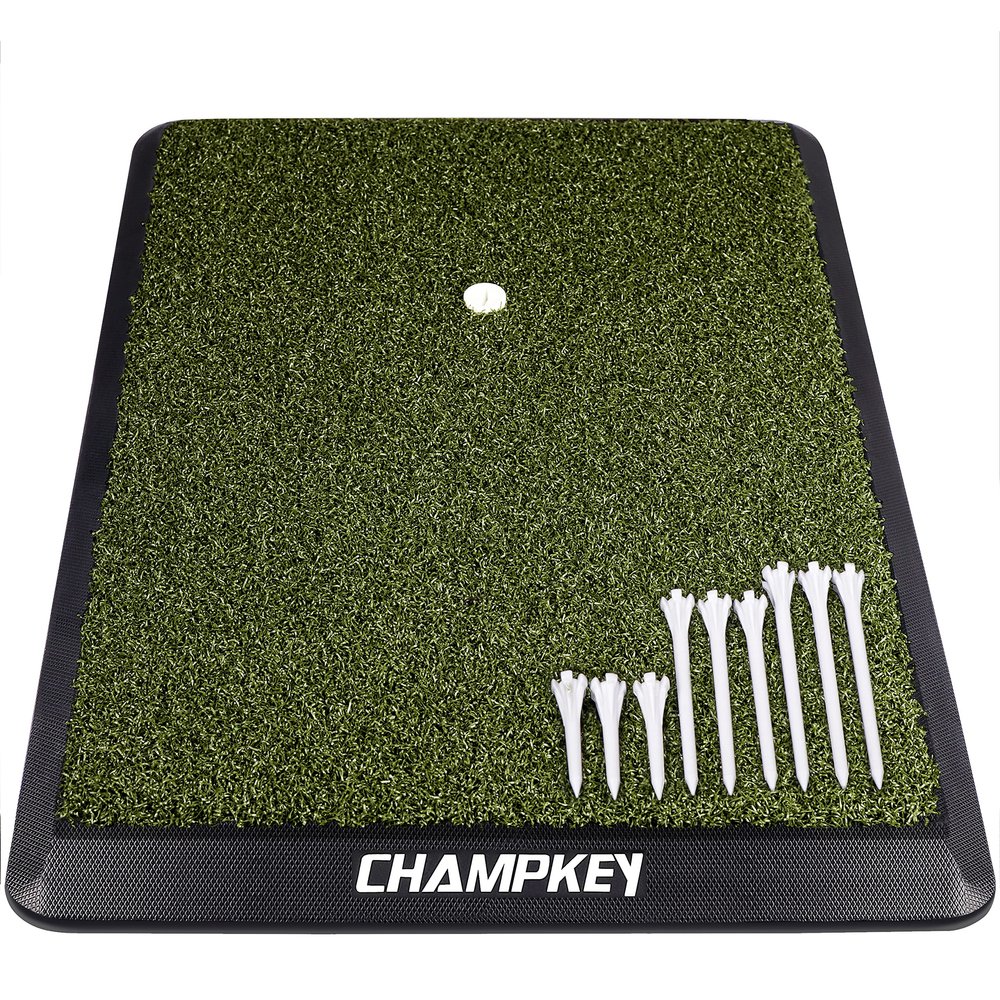 CHAMPKEY Premium Synthetic Turf Golf Hitting Mat | Heavy Duty Rubber Base Golf Practice Mat | Come with 1 Rubber Tee and 9 Plastic Tees (S (8.5" x 17"), PRO Version)