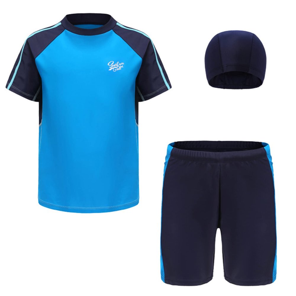 iiniim Boys Two Piece Swim Shirt Trunks Shorts Rash Guard UPF 50+ Swimsuits Quick Dry Boyshorts Swimwear Blue 8-9 Years