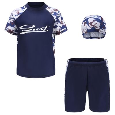 iiniim Boys Two Piece Swim Shirt Trunks Shorts Rash Guard UPF 50+ Swimsuits Quick Dry Boyshorts Swimwear Camouflage Blue 10-11 Years