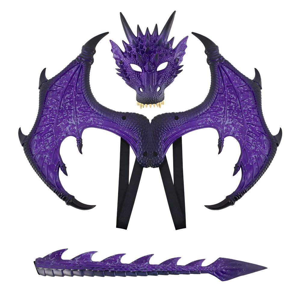 Alodidae Dragon Costumes Set Devil Wings Demon Tail Dino Mask for Halloween Masquerade Party Cosplay (Purple)