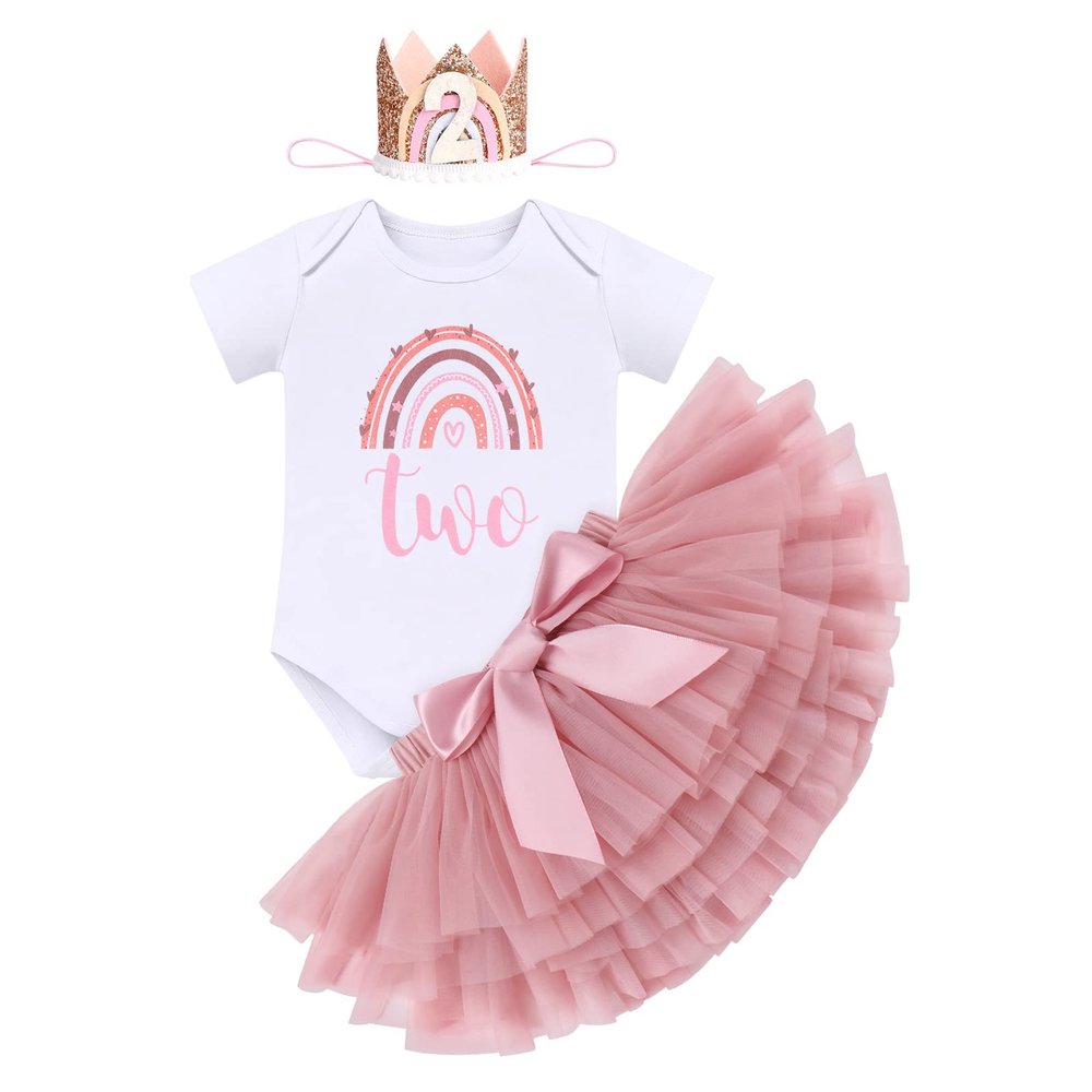 IMEKIS Baby Boho Rainbow 2nd Birthday Outfit Toddler Girl Cake Smash Romper Tutu Skirt with Diaper Covers Crown Headband Photoshoot Hippie Bohemian Second Birthday Party Dusty Pink 2 Year