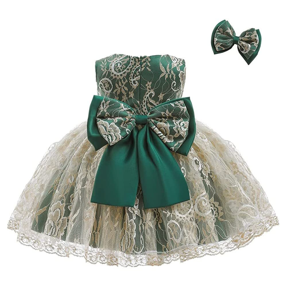 HOIZOSG Baby Bowknot Embroidery Lace Tulle Dress Little Girls Birthday Pageant Wedding Xmas Party Tutu Gown w/Hair Clip Deep Green 12-18M