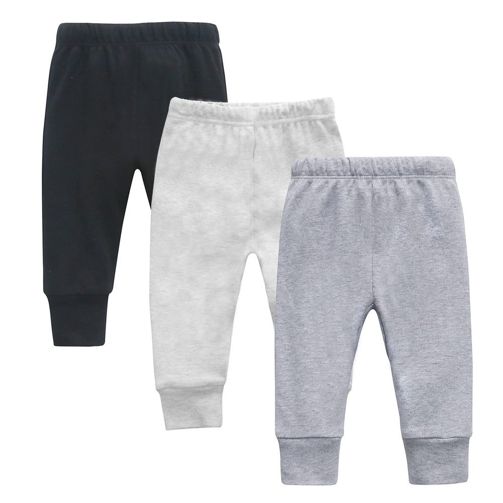 O2 BABY Organic Cotton Unisex Baby Jogger Pants, 3-Pack Pull-on Bottoms, Newborn Leggings (Newborn, Black Set)