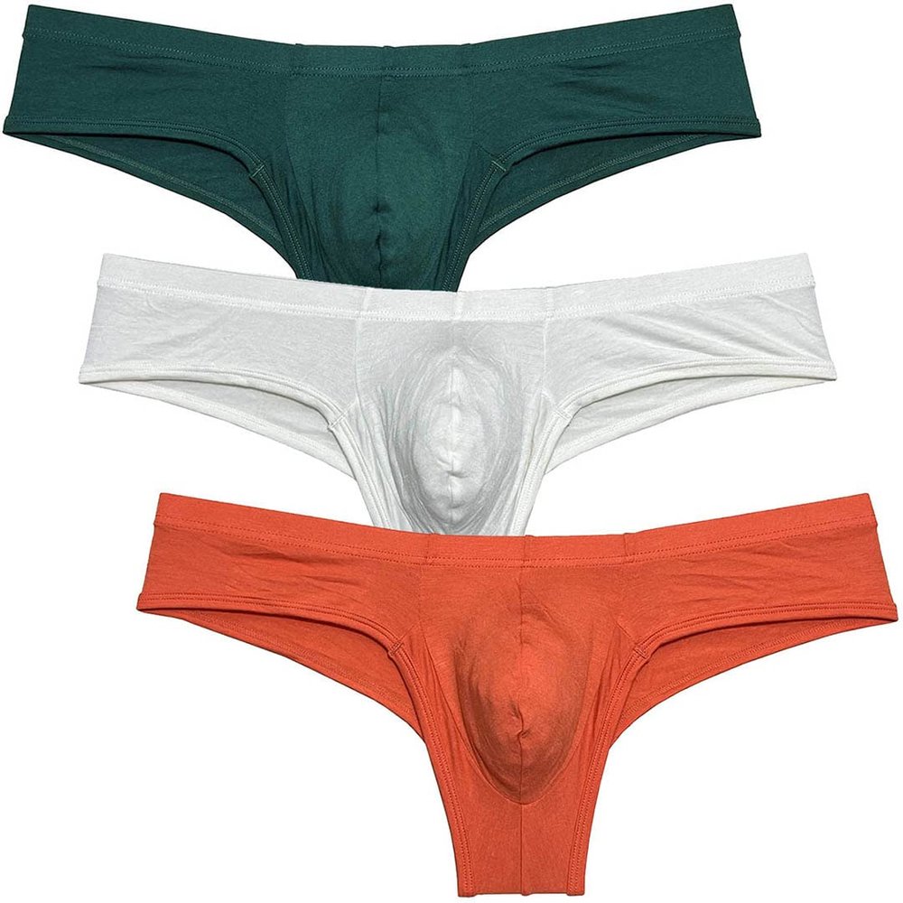 Botmois Mens Modal Bikini Boxer Briefs Underwear Male Comfy Enhance Bulge Pouch Brazilian Bikini 3-Pack(Dark Green,White,Orange) L