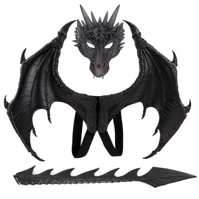 Alodidae Dragon Costumes Set Devil Wings Demon Tail Dino Mask for Halloween Masquerade Party Cosplay (Black)