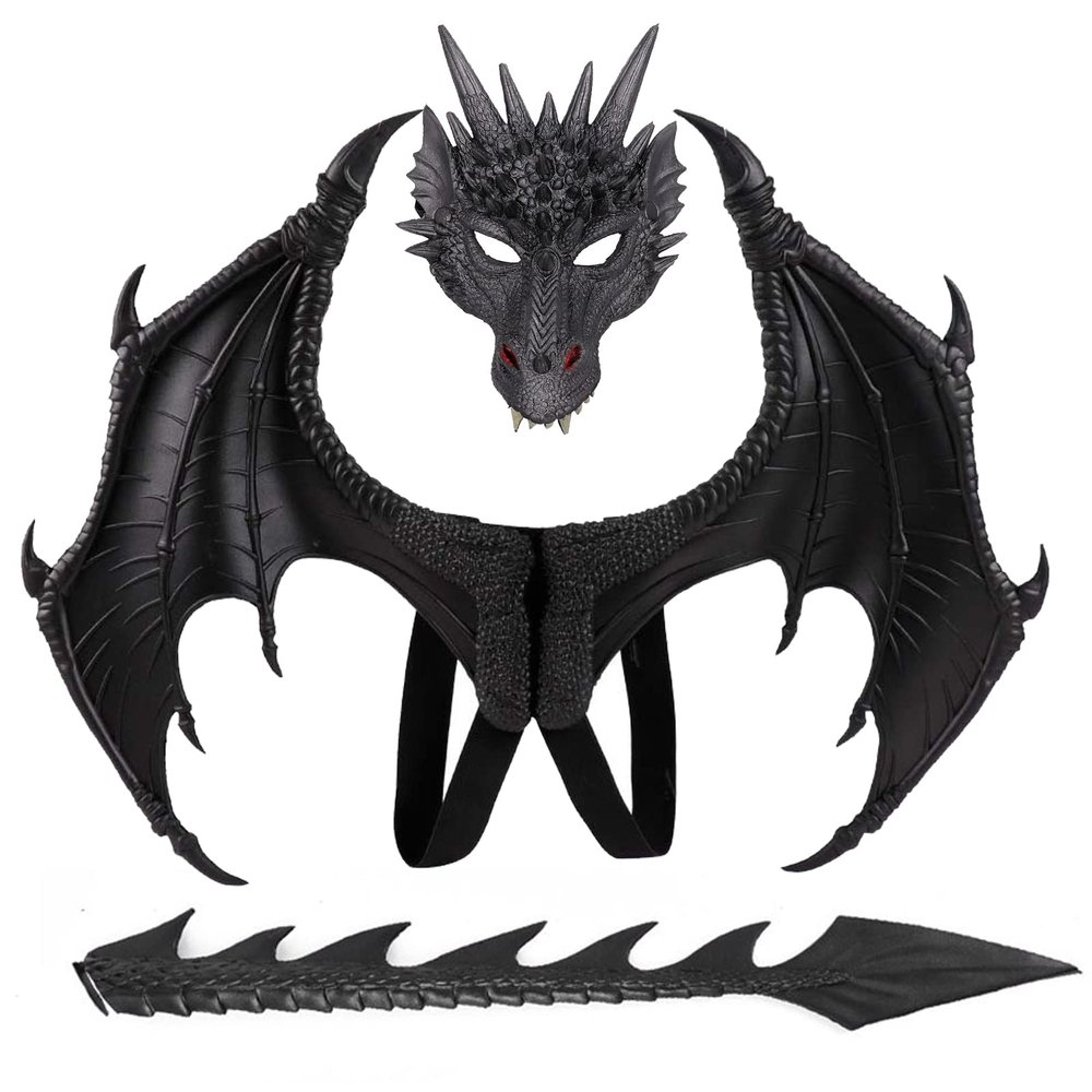 Alodidae Dragon Costumes Set Devil Wings Demon Tail Dino Mask for Halloween Masquerade Party Cosplay (Black)