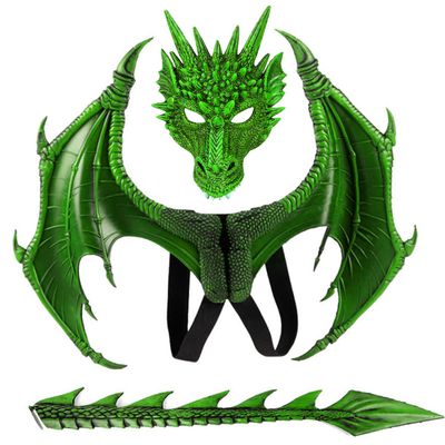 Alodidae Dragon Costumes Set Devil Wings Demon Tail Dino Mask for Halloween Masquerade Party Cosplay (Green)