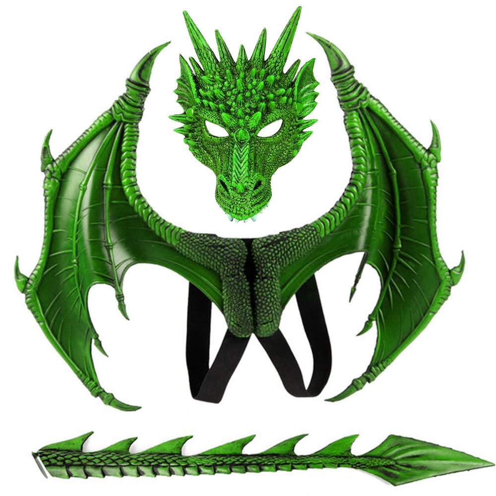Alodidae Dragon Costumes Set Devil Wings Demon Tail Dino Mask for Halloween Masquerade Party Cosplay (Green)