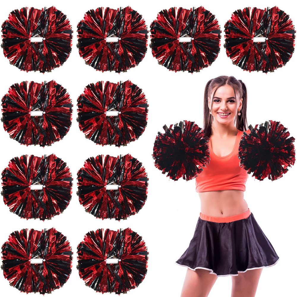 WILLBOND 12pcs Cheerleading Pom Poms Bulk Metallic Foil Cheerleader Pompoms with Baton Handle for Football Basketball Cheering Squad Team Game Sports Dance Party Outfit (Black and Red)