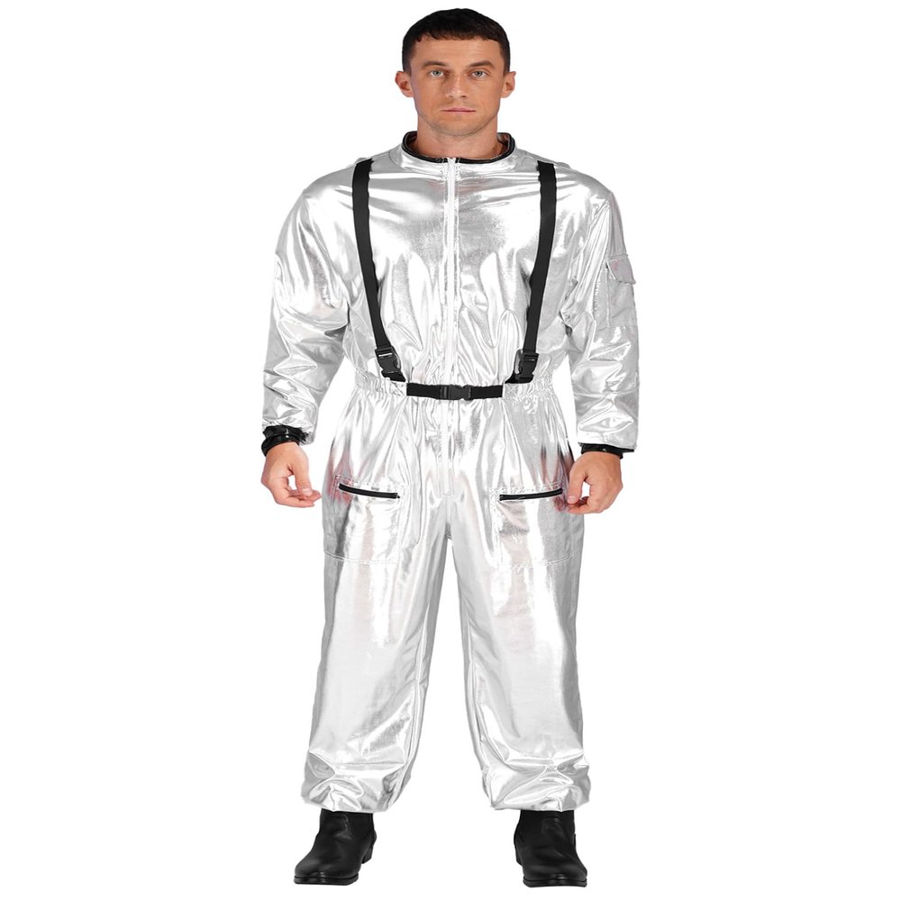 Oyolan Men's Astronaut Role Play Outfit Costume Spacesuit Mock Neck Sliver Jumpsuit Metallic Astronaut Uniform Silver XX-Large