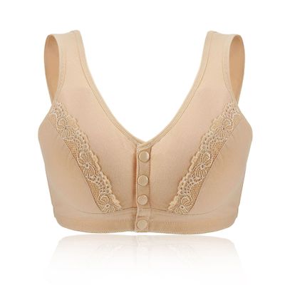 Seniors Women Comfortable Bra Wire Free Front Closure Elderly Bras Thin Post Surgery Cotton Bra Vest Tops (Color : Beige, Size : 75/34BC)