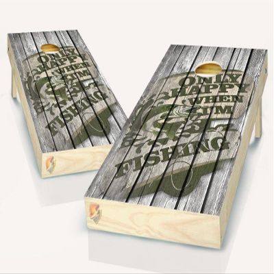 Cornhole Fishing Seabass Happy When Fishing Cornhole Board Vinyl Wrap Laminated Sticker Set Decal
