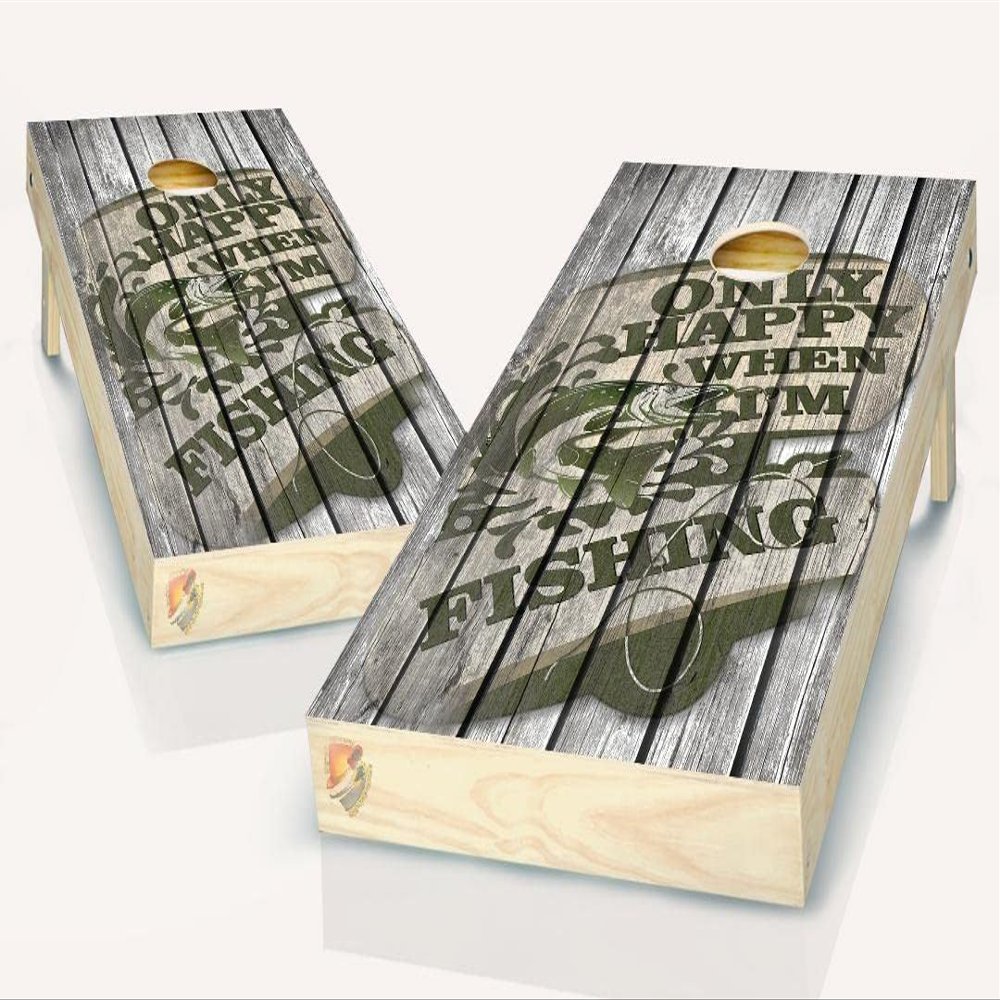 Cornhole Fishing Seabass Happy When Fishing Cornhole Board Vinyl Wrap Laminated Sticker Set Decal