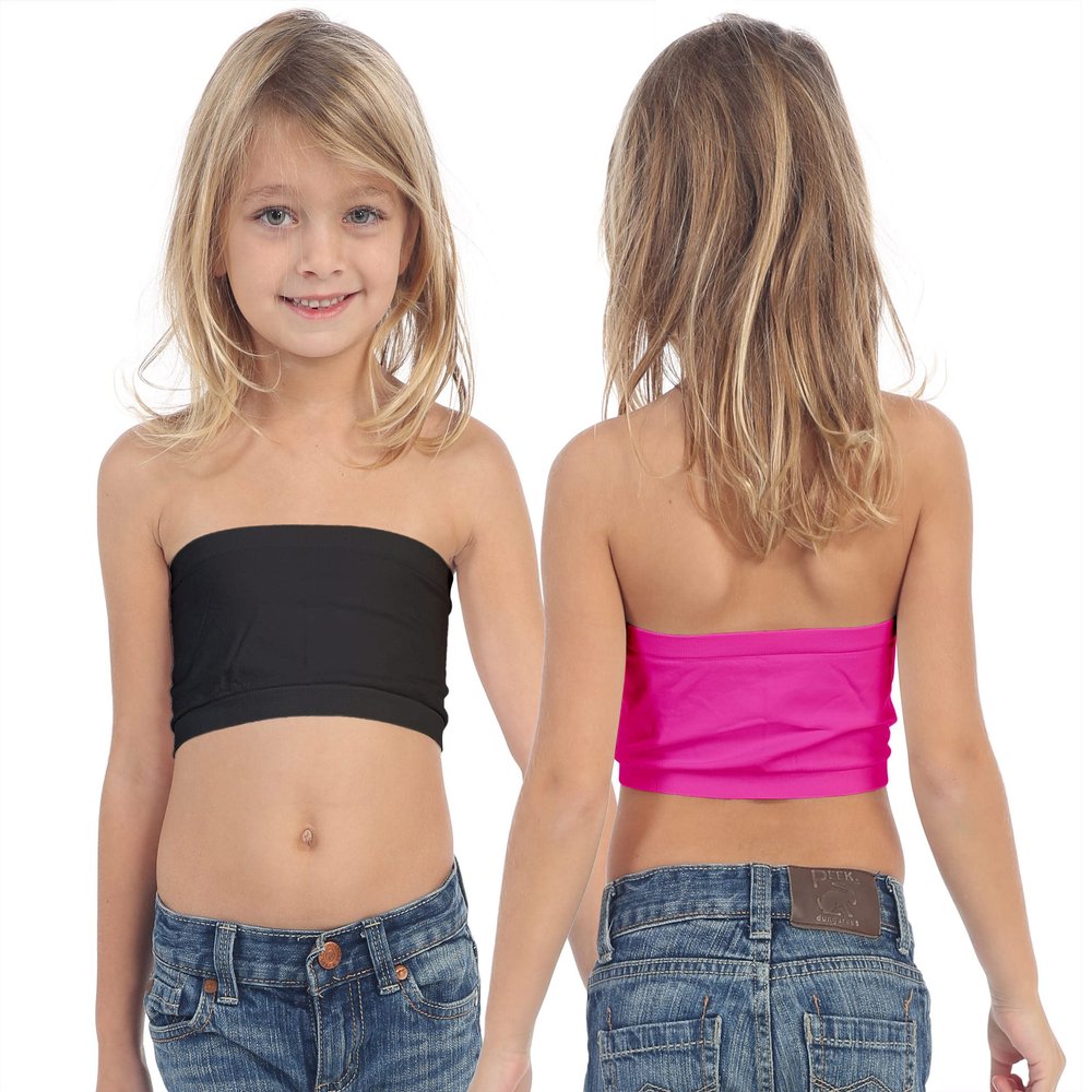 Kurve Girls Lace Bandeau Tube Bra - Strapless Bandeau Bra,UV Protective Fabric UPF50+, Black/Neon Fuschia Set, Age (4-8)